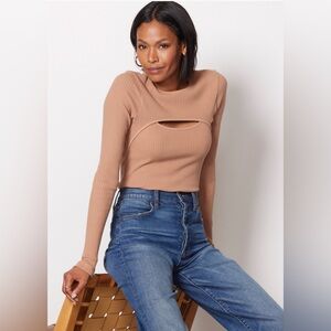 Agolde Women's Top Size Small Tan Neutral Lyza Cut Out Rib Top Classic‎